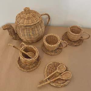 Artisanal Rattan Tea <b>Set</b> <b>Teapot</b> <b>Cups</b> Saucers Pretend Play Kitchen Toys Wholesale Eco Friendly Miniature Kitchenware Playset - Product Image 3