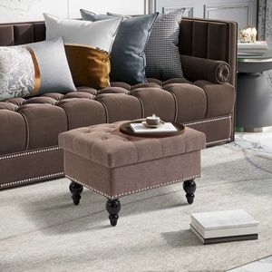 Panca contenitore in tessuto trapuntato con bottoni, multiuso per casa e ufficio, con coperchio rimovibile e gambe in legno - Product Image 4