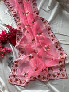 Pink Designer Organza Saree with Heavy Floral Embroidered Border Net Saree with Sheer Dupatta Style Luxury Party Wear - Product Image 3