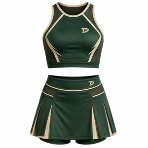 Uniforme de pom-pom girl vierge OEM vert forêt et bordure crème, tenue de performance en maille avec empiècements en maille, vente en gros - Product Image 2
