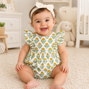 Mameluco de Bebé con Estampado de Flores Amarillas, Algodón Suave, Hombros con Volantes, Traje de Una Pieza para Bebés, Ropa de Verano para Recién Nacidos, Venta al Por Mayor - Product Image 3