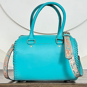 Hot Selling Personalized Western Floral Carved Leather Satchel Hand Tooled Cowgirl Weekender Medium Genuine Zipper <b>Duffel</b> <b>Bags</b> - Product Image 6