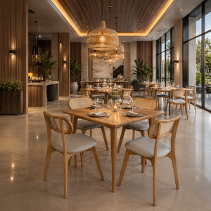 Muebles de Comedor de Lujo de Teca Sólida Premium Estilo Escandinavo, Juego de 5 Piezas Soren, Silla Peanut con Respaldo de Listones para Cocina, Hogar o Cafetería - Product Image 3