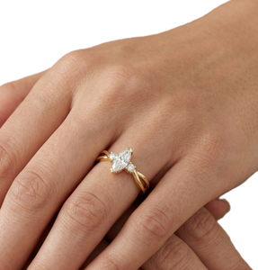 Bague de fiançailles minimaliste à trois pierres en diamant de laboratoire, or massif 10K 14K, diamants de laboratoire taille marquise et ronde, avec bande torsadée - Product Image 5