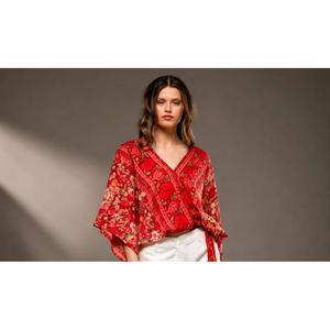 Blusa de Algodón de Alta Calidad para Mujer, Estampado Floral, Cuello en V, Manga Campana, Estilo Bohemio, Ecológica - Product Image 2