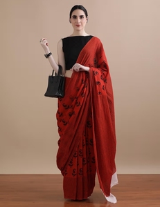 KV <b>Red</b> Mulmul Cotton Traditional Hand Drawn Paisley Printed Party Saree with Unstitched <b>Blouse</b> - Product Image 1