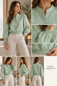 Women Linen Cotton Woven Crop <b>Blouse</b> Crew Neck Long Sleeve Button Front Shirt Regular Fit Lightweight <b>Summer</b> Casual - Product Image 3