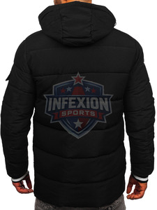 Chaqueta acolchada negra con capucha para hombre, con cierre de cremallera y logotipo en la manga, abrigo informal de invierno con relleno grueso de poliéster - Product Image 4