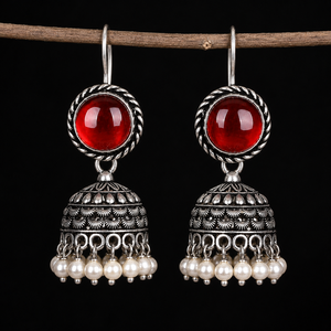 Pendientes Jhumka de Perlas y Piedras Rojas de Bollywood al por Mayor, Pendientes Étnicos Indios de Plata Oxidada Vintage para Mujer, Directo de Fábrica - Product Image 5