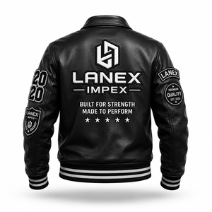 Custom Black Leather Varsity <b>Jacket</b> for <b>Men</b> with Embroidered Chenille Patches, Rib Knit Cuffs, Bomber Letterman <b>Jacket</b> OEM & ODM - Product Image 2