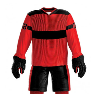 Ensemble d'uniformes de hockey sur glace personnalisés pour hommes – Maillot rayé rouge et noir sublimé, short, gants, patins – Anti-humidité, ajusté, hiver - Product Image 5