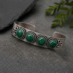 Malachite Aura Hydro Stone Four Stone Wide <b>Cuff</b> Bangle Handmade Brass Vintage <b>Silver</b>/Gold Plated Unisex Statement Fashion - Product Image 3