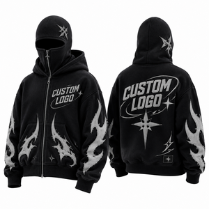 เสื้อฮู้ดดี้โอเวอร์ไซส์สตรีทแวร์สีดำ พิมพ์ลายเปลวไฟและดาวสีเงิน สำหรับผู้ชาย - Product Image 1