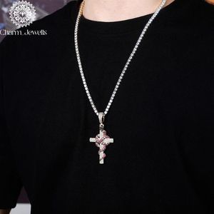 จี้รูปกางเขน Charm_Jewells เงินแท้ 925 ชุบทองคำสีกุหลาบ ประดับเพชรโมอิสซาไนต์สีชมพูแบบไมโครเพฟ สไตล์ฮิปฮอป เครื่องประดับทางศาสนา รับรองโดย IGI เหมาะสำหรับทั้งชายและหญิง - Product Image 4