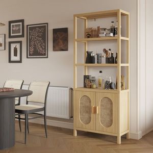 FCH Original Wood Color 78*35.5*180cm Display Cabinet 4 Layer Double Doors Triamcinol Board Rattan Surface Living Room Cabinets - Product Image 3
