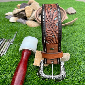 Cinturón de Cuero Occidental Personalizado al por Mayor con Estampado Floral en Relieve, de Piel de Vacuno de Grano Completo Marrón, Resistente y de Alta Durabilidad - Product Image 3