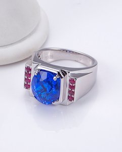 Square <b>Emerald</b> Cut Blue Center Stone Rose Gold Plated 925 <b>Silver</b> <b>Ring</b> Red Side Stone Vintage Statement Band Daily Wear - Product Image 3
