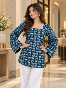 Square Neck Lantern Sleeve Printed <b>Kurta</b> Viscose Cotton Animal Pattern Blue White Pants Set <b>Women</b> Casual Daily Wear - Product Image 1
