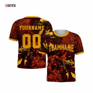 T-shirt de sport pour homme Corex, imprimé par sublimation, manches courtes, col rond, séchage rapide, coupe classique, motif rouge et jaune - Product Image 3