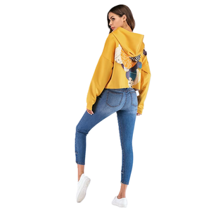 Washed 100% Cotton Embroidered Women's Hoodies <b>Top</b> Yellow Hooded <b>Crop</b> Sweatshirt Patchwork Print Full Sleeve Casual Winter - Product Image 5