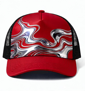 Gorra Trucker de 5 Paneles de Algodón Vaquero Rojo y Negro con Forro Polar y Malla, Estilo Dad Hat, Hebilla Metálica, Sin Estructura, Logotipo Bordado, Casual - Product Image 1