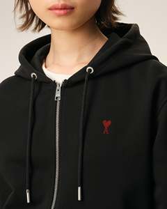 Men's <b>Black</b> Hooded Sweatshirt Oversized Fit Cotton Knitted Zipper Front <b>Heart</b> Embroidery Casual Summer Wear Customized Colors - Product Image 3