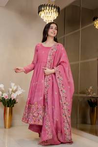 Conjunto de vestido Anarkali de la mejor calidad con palazzo y dupatta, en seda suave y texturizada con bordados, lentejuelas y trabajo de hilo, vestido listo para usar. - Product Image 2