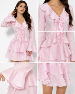 Pink <b>Ruffle</b> Tiered Mini <b>Dress</b> Women Long Sleeve V Neck Casual Party Summer Beach Vacation <b>Dresses</b> - Product Image 2