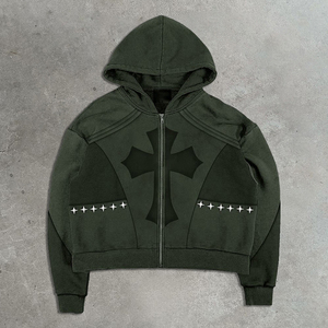 Sweat à capuche zippé surdimensionné pour homme, style rétro, avec rivets décoratifs, imprimé numérique, coupe courte, en molleton bouclette 450 g/m², délavé à l'acide, effet vieilli et patchwork - Product Image 5