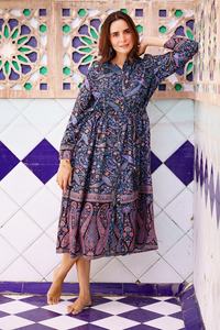 Algodón Midi Negro Azul Paisley Vestido fluido Indio Floral Colorido Verano Elegante Cómodo Ropa de día - Product Image 4