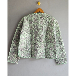 Green Floral <b>Kantha</b> Quilted Cotton <b>Jacket</b> Women V-Neck Button Front Short Coat Festival Wear gift for her - Product Image 6