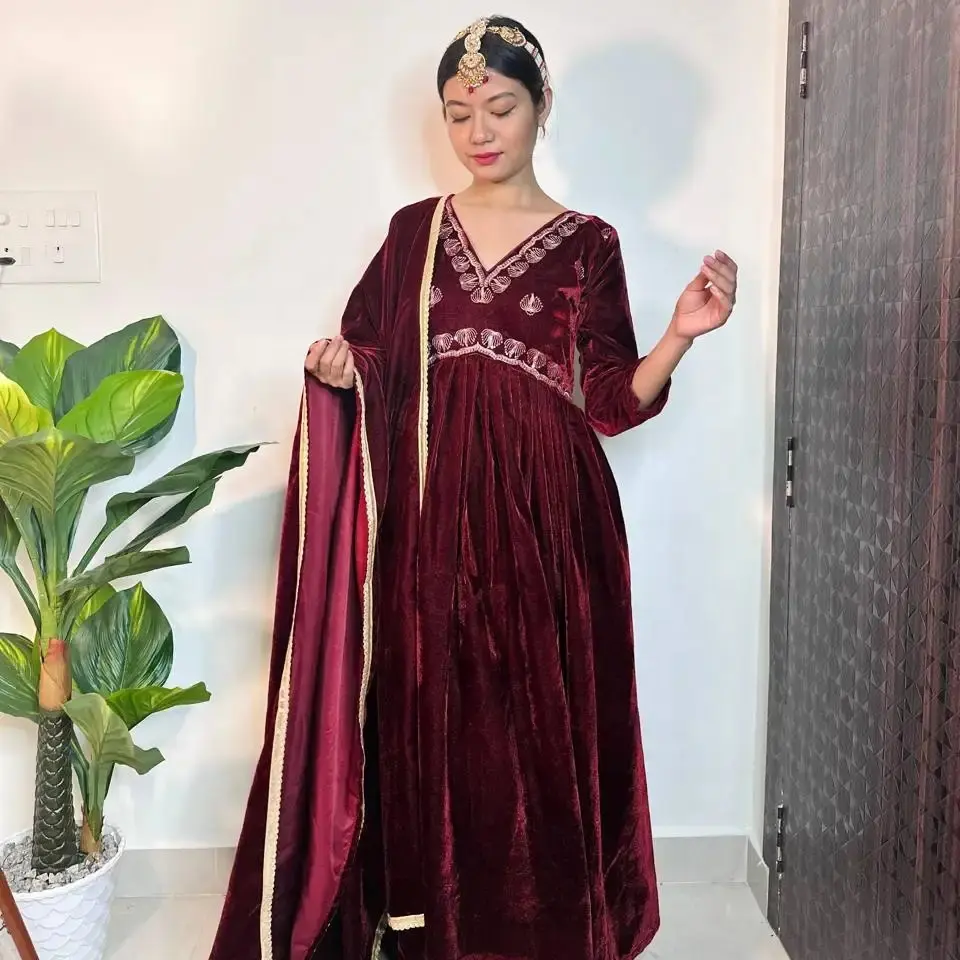 FULPARIExport качественный темно-бордовый дизайнерский бархатный длинный Анаркали сальвар костюм с длинными рукавами для вечеринки Salwar Kameez