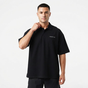 Polo noir pour homme, coupe oversize, manches courtes, haute qualité, style décontracté, vente en gros pour la fabrication. - Product Image 2