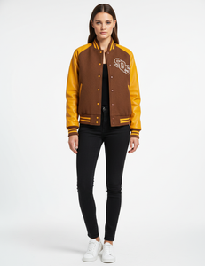 Chaqueta Varsity Premium para Mujer de Lana y Cuero - Marrón, Amarillo y Naranja con Logotipo SQS - Product Image 1