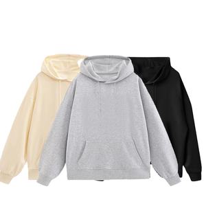 Sudadera con capucha para hombre con logotipo bordado personalizado OEM, sudadera holgada de punto americano antiarrugas con hombros caídos de Color sólido - Product Image 1