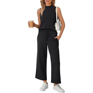 Women's XS Size 2-Piece <b>Mock</b> <b>Neck</b> Summer Tracksuit Set Sleeveless Tank <b>Top</b> & Wide Leg Crop Pant Matching Design 2027 - Product Image 1