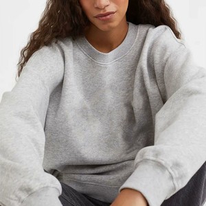 Sweat-shirt surdimensionné 100 % coton pour femme, col rond, gris uni, tricoté, épaules tombantes, manches longues, respirant, pour l'automne, OEM ODM - Product Image 3
