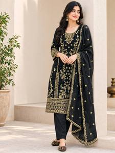 Costume Anarkali brodé noir pour femmes avec dupatta, tenue traditionnelle indienne et pakistanaise, longueur cheville, coupe régulière, polyester, décontracté - Product Image 3