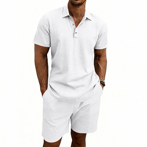 Summer Collar <b>Short</b> Sleeved <b>Top</b> <b>and</b> <b>Shorts</b> <b>Men's</b> Casual Solid Color <b>Set</b> - Product Image 3