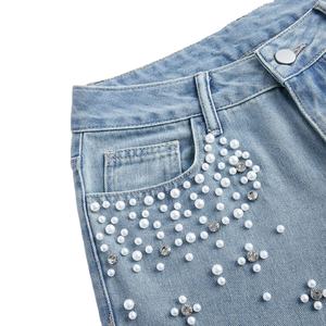 Jean en denim bleu clair tendance pour femme, taille haute, coupe droite, jambe large, orné de strass, style vintage décontracté, scintillant, idéal pour l'été - Product Image 2