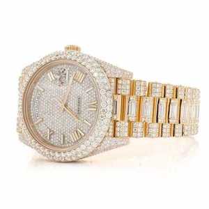 Luxury Iced Out Moissanite Watch Yellow Gold <b>Automatic</b> Mechanical Diamond Bust Down Baguette <b>Wristwatch</b> - Product Image 4