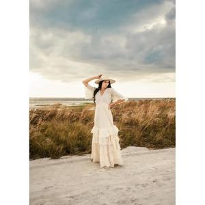 Robe longue bohème pour femmes, col en V, manches courtes, ourlet à volants superposés, robe longue d'été pour la plage - Product Image 5