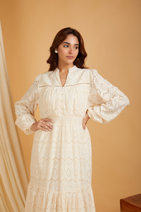 <b>Boho</b> Chic V-Neck Cotton Midi <b>Dress</b> Featuring Eyelet Embroidery and Voluminous Puff Sleeves Casual <b>Summer</b> Apparel for Women - Product Image 5