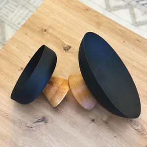 Minimalist Matte Black Metal Serving Bowl Set Elevated On Smooth Pedestal Wooden Bases Ideal For Contemporary Tabletop Displays - Product Image 4