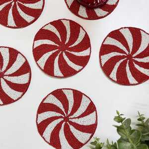 Handmade Beaded Coaster Set Of 5 Red White Swirl Pattern Reusable Bar Mats Novelty <b>Drinkware</b> <b>Accessories</b> - Product Image 2
