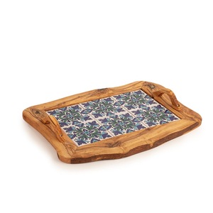 Plateau décoratif en bois avec motif géométrique, poignée rectangulaire, style méditerranéen, plateau de service artisanal - Product Image 4