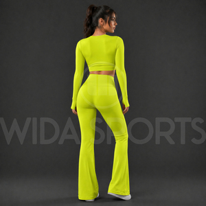 Ensemble de yoga évasé uni pour femme, legging taille haute élastique extensible et haut court à manches longues, séchage rapide, respirant, pour le fitness - Product Image 2