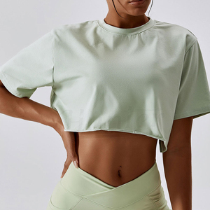Custom Logo Made Yoga Wear Short Sleeve <b>Crop</b> <b>Top</b> Woman's Gym Wear Activewear Running T-shirts Clothes Eco-Friendly 100% Cotton - Product Image 6