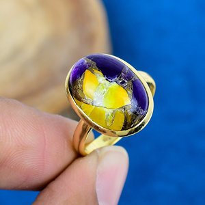Handmade Spiny Zade Amethyst & Citrine Oval Shape Gemstone Ring 18k Gold Micron Over 925 Sterling Silver - Product Image 1
