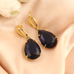 Minimalist Classic Women's Statement Jewelry 18k Gold Plated Brass Gemstone Lolite Blue Quartz Pear <b>Drop</b> Earring Claw Setting - Product Image 4